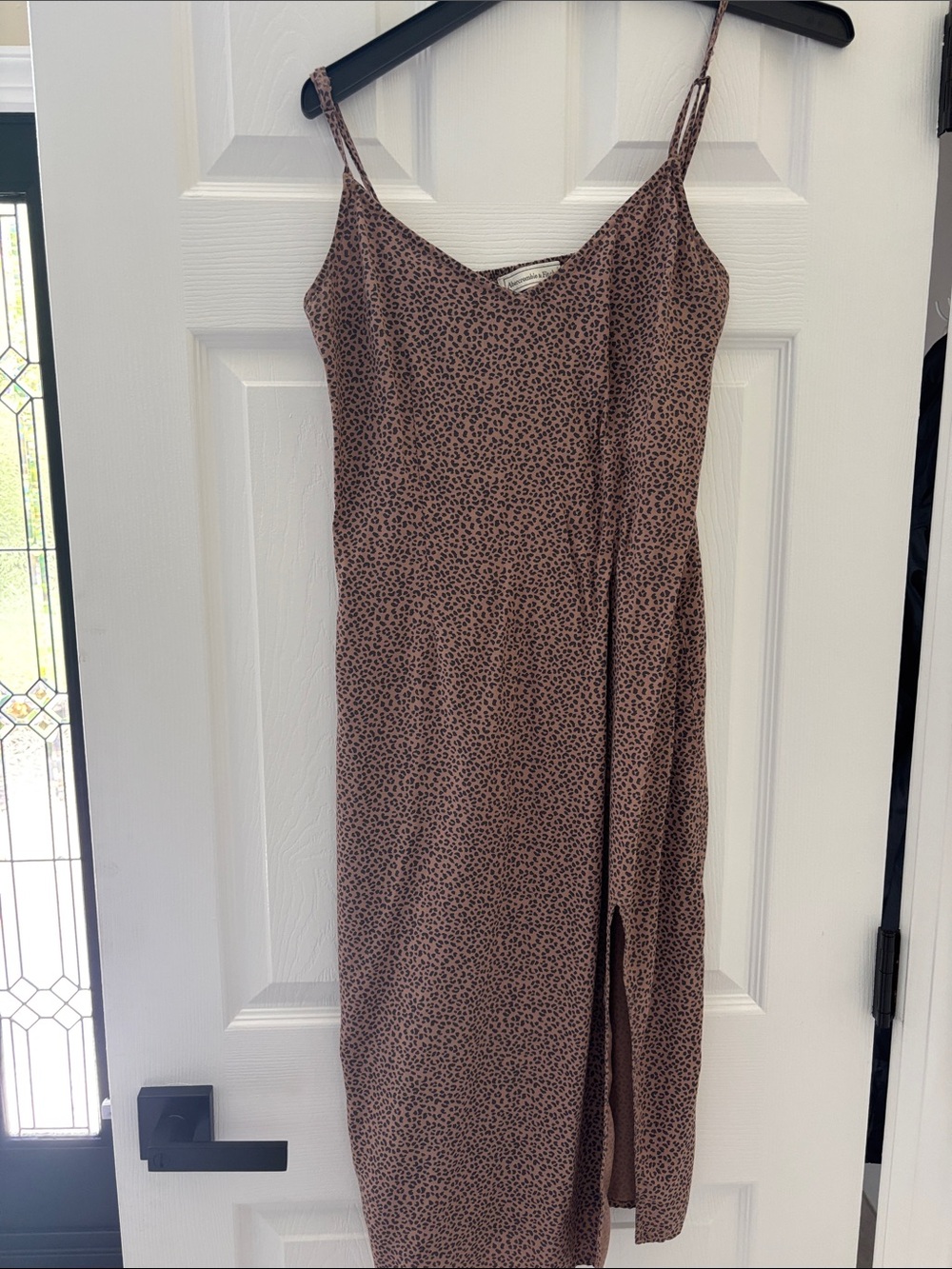 Abercrombie & Fitch Taupe Leopard-Print Slip Midi Dress with Side Slit